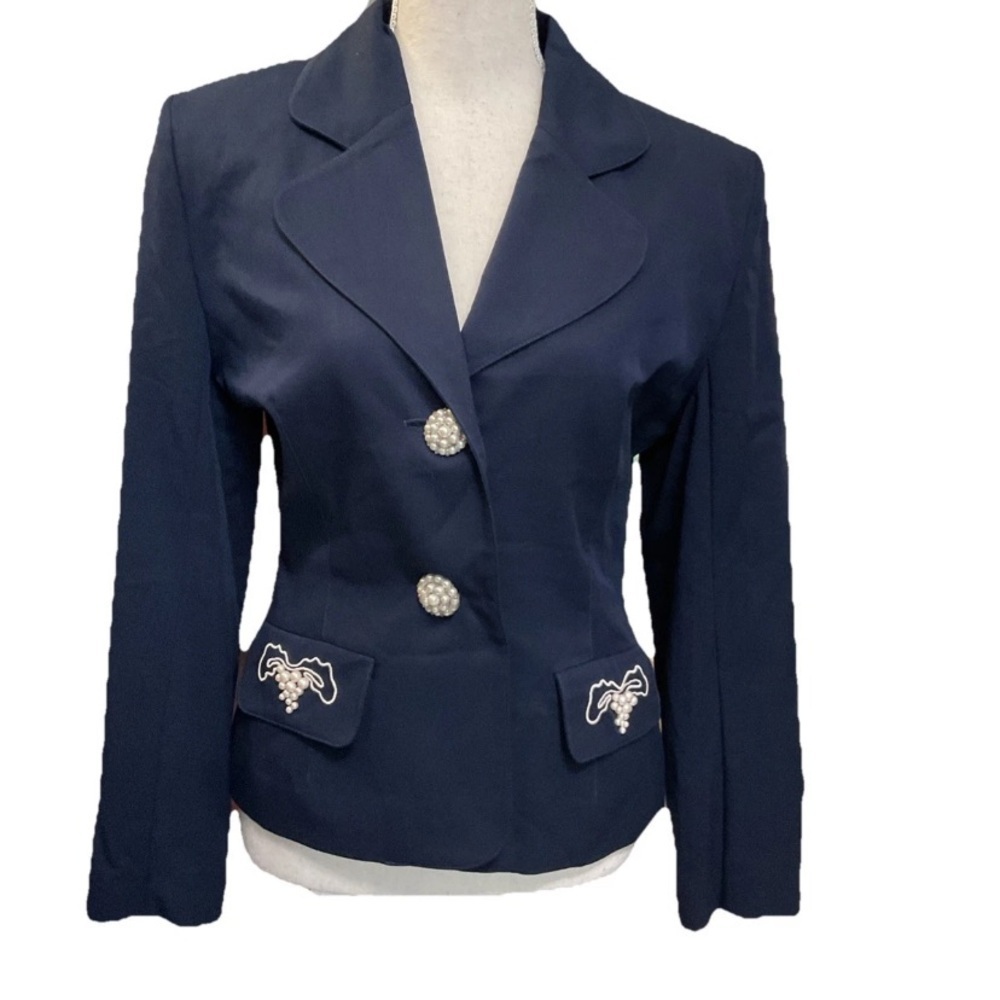Tina Hagen Navy Blue Vintage Blazer Embellished Pearl Buttons Size Small